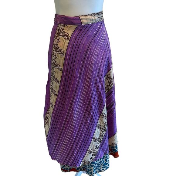 100% Silk Wrap Maxi Skirt Made in India Reversible Boho Colorful Gypsy - Picture 2 of 11
